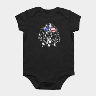 Patriotic English Springer Spaniel with American Flag sunglasses Baby Bodysuit